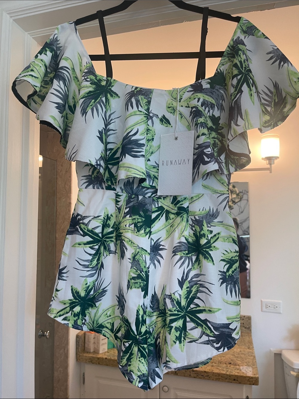 RUNAWAY AUSTRAILIA BRAND White & Green Palm-Print Off-Shoulder One-Piece Romper
